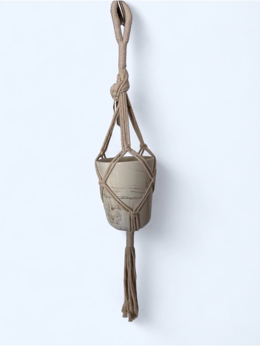 Beige Macrame Hanging Plant Holder with Ceramic Pot